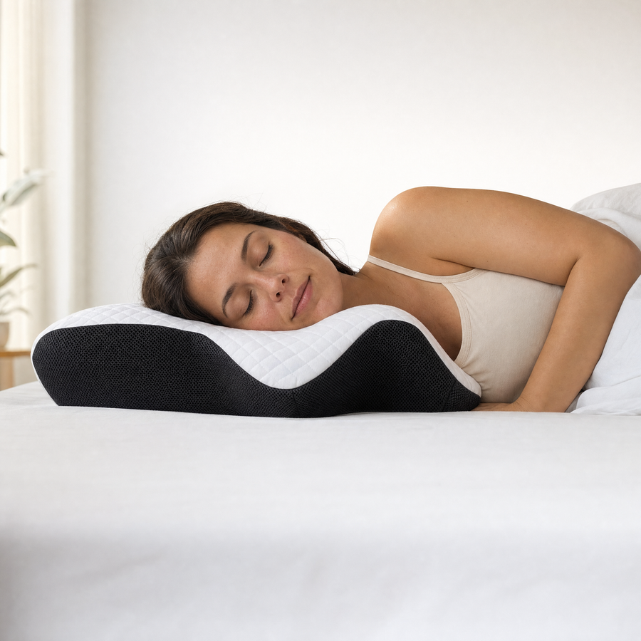 Woman sleeping peacefully on her side on the Nestora pillow, neck aligned